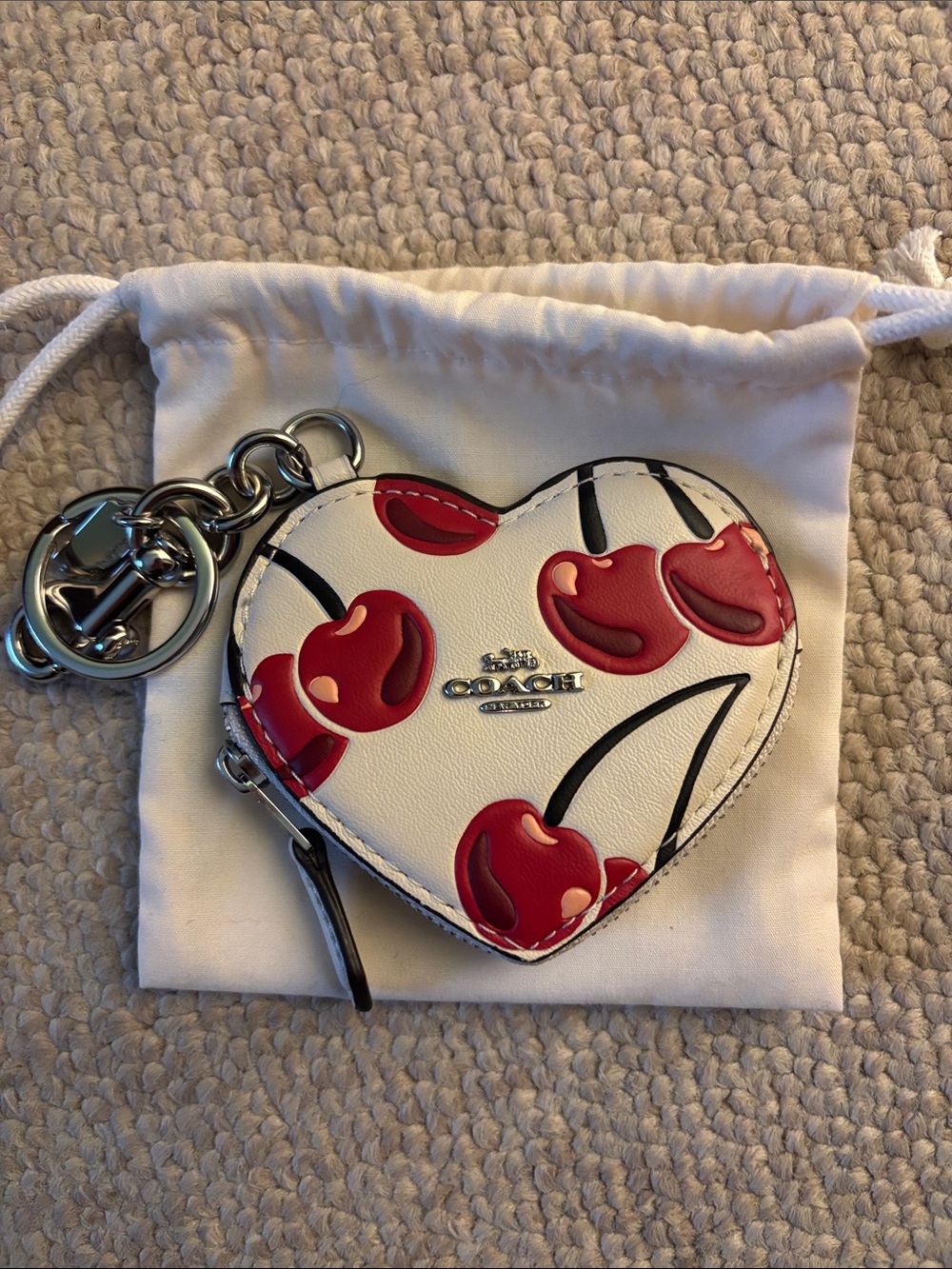 COACH White Heart Cherry Print Key & Coin Pouch with Silver Hardware